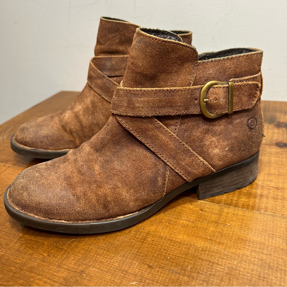 Born Brown Ankle Boots with Distressed Leather and Buckle Detail